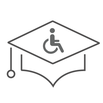 Grey and blue graduation cap with a disability logo on the cap